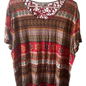 Almost Famous plus size 2X vintage patterned crocheted back top! Unique!